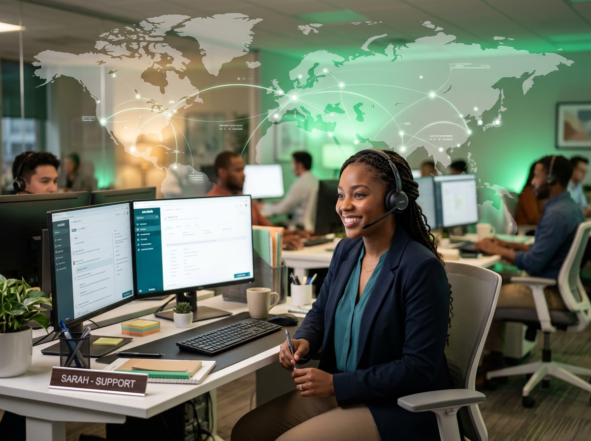 Enlace Global BPO specialist wearing headset with glowing network background